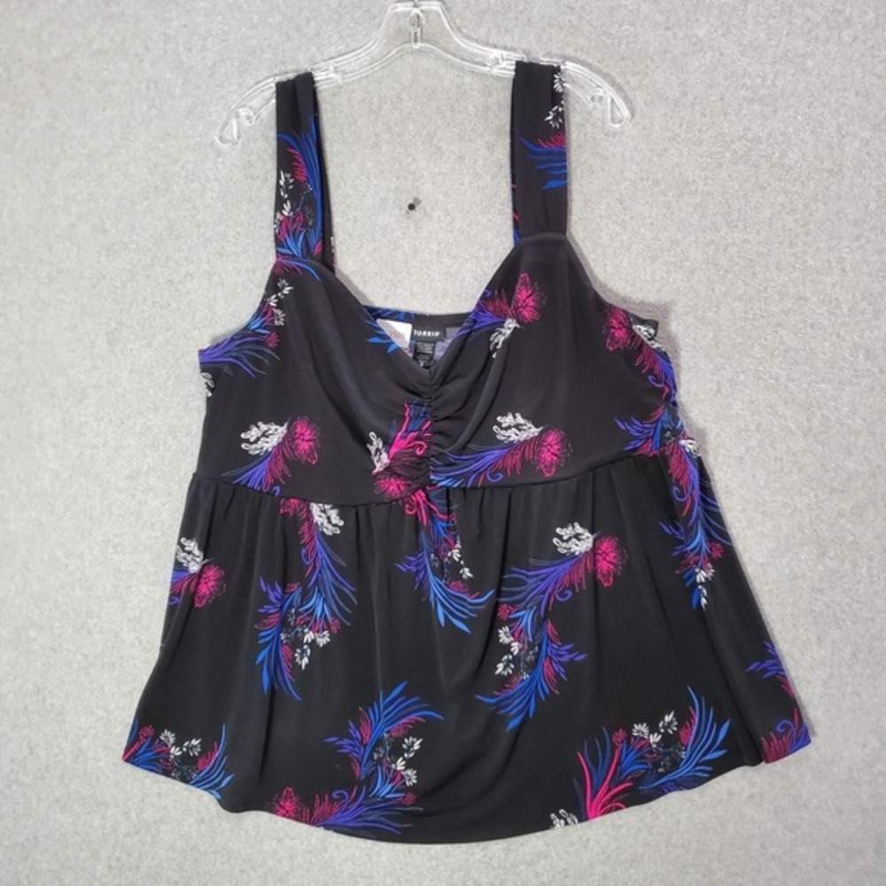 Torrid Women Top‎ 3 Black Feather Flower Sleeveless Tank Babydoll Wide Strap